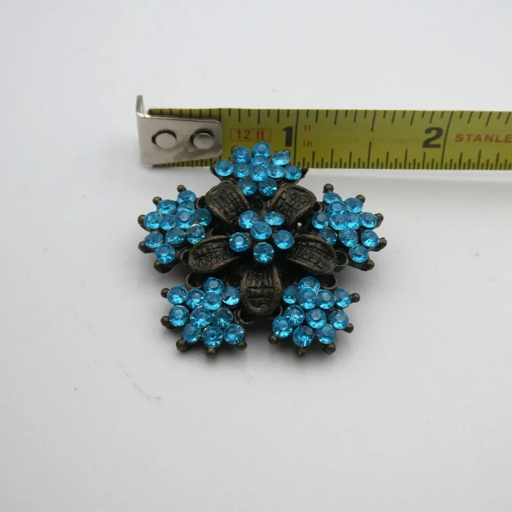 Vintage Antique Bronze Floral Brooch Aquamarine Blue Rhinestone Cluster Pin 1.5